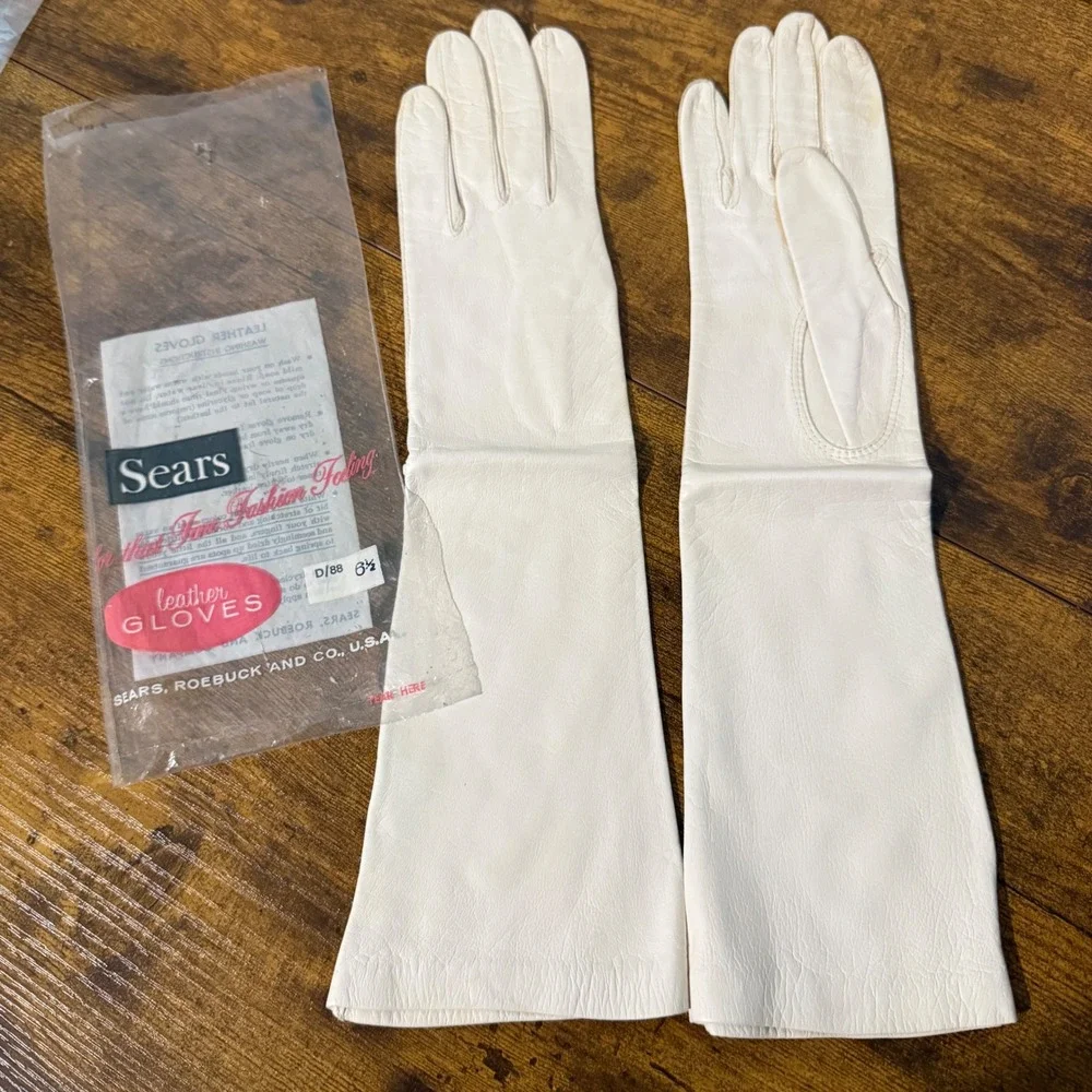 Vtg Sears White Leather Opera Gloves Size 6.5 Long Evening Formal Prop Costume